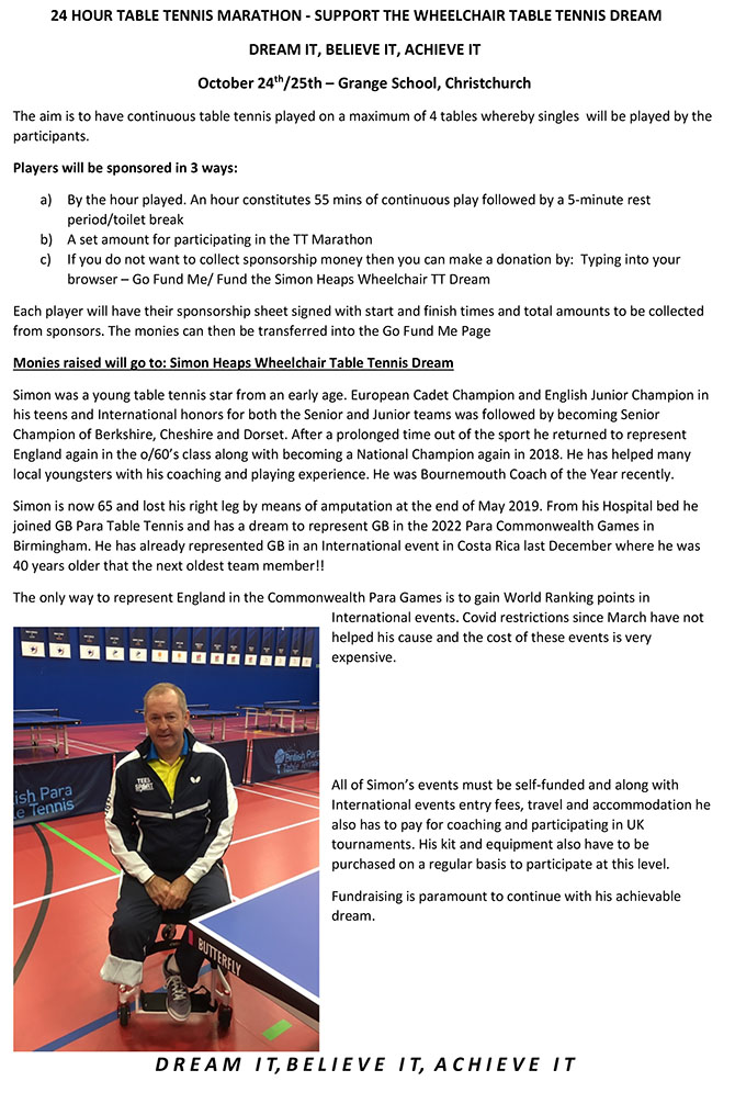 Information sheet for Simon Heaps Fundraising Table Tennis Marathon
