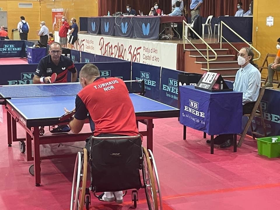 Simon Heaps competing at wheelchair table tennis in Spain against the world ranked No 41 player